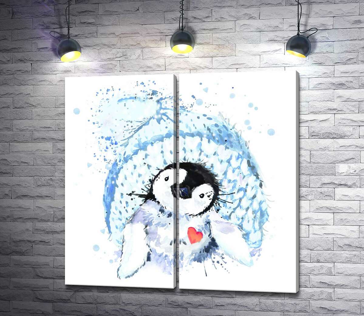модульная картина Пингвин с красным сердцем на фоне голубой шапки