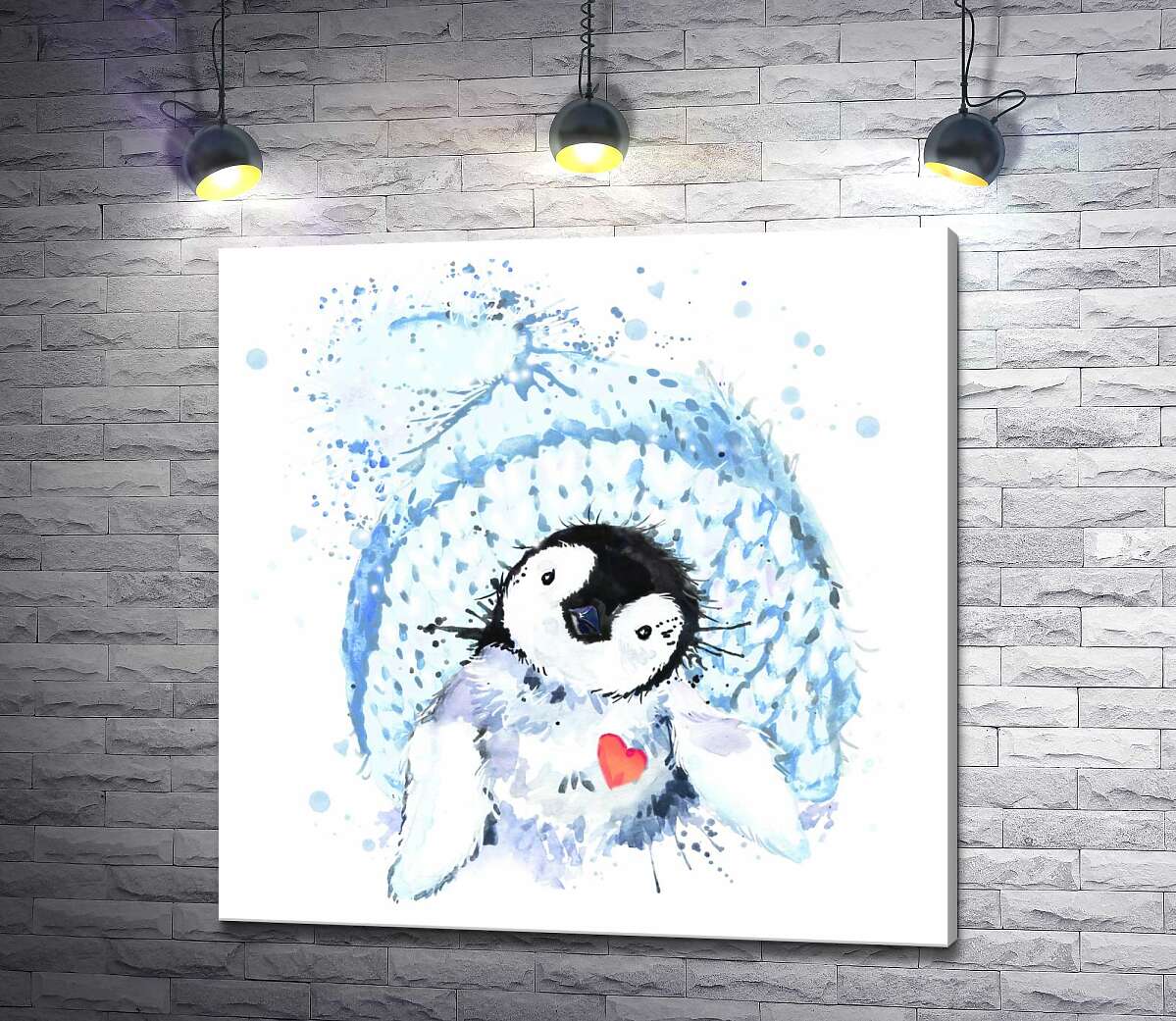 картина Пингвин с красным сердцем на фоне голубой шапки