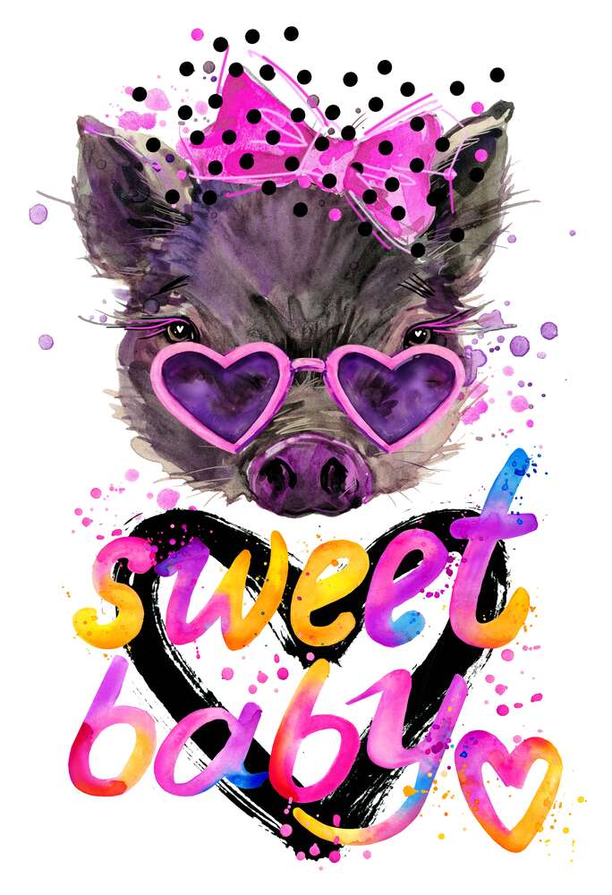 картина-постер Свинка в рожевих окулярах над написом "sweet baby"