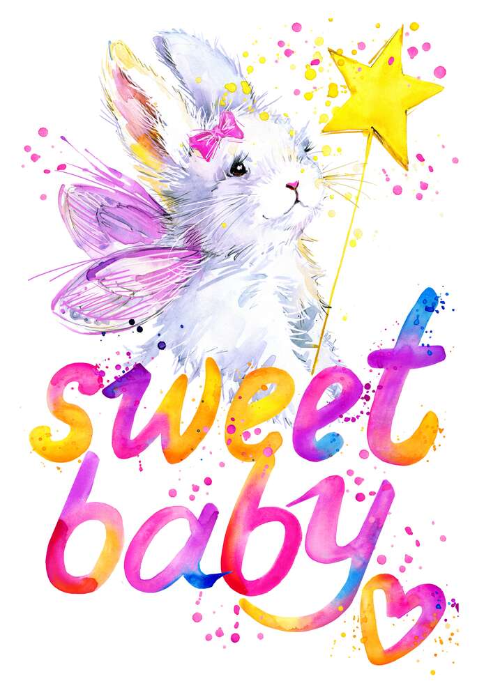 картина-постер Очаровательный заяц с розовыми крыльями над надписью "sweet baby"