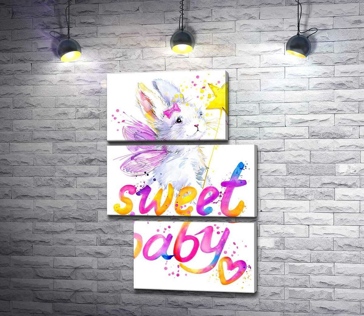 модульна картина Чарівний заєць з рожевими крилами над написом "sweet baby" (Модуль №16)