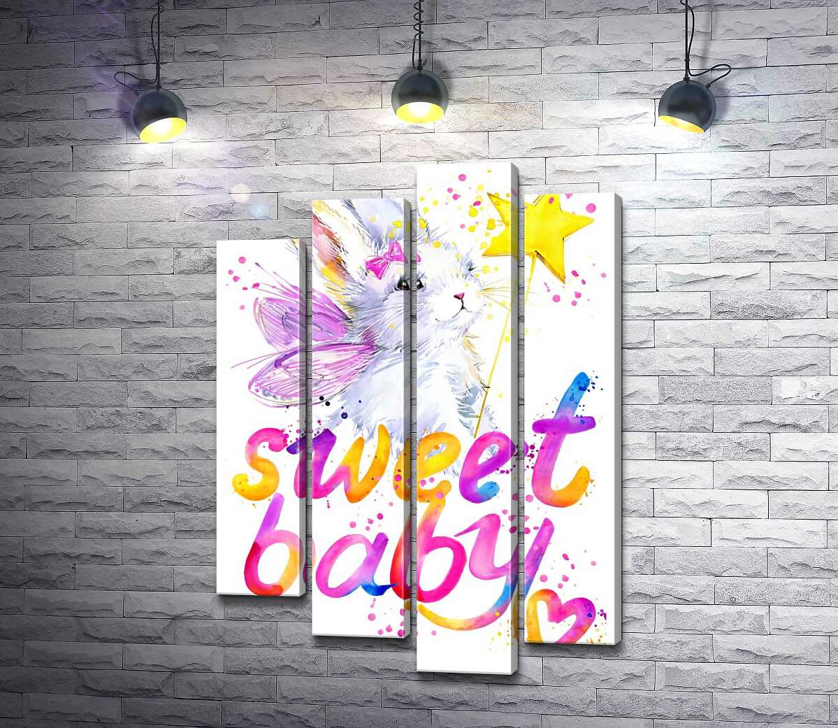 модульна картина Чарівний заєць з рожевими крилами над написом "sweet baby" (Модуль №3)