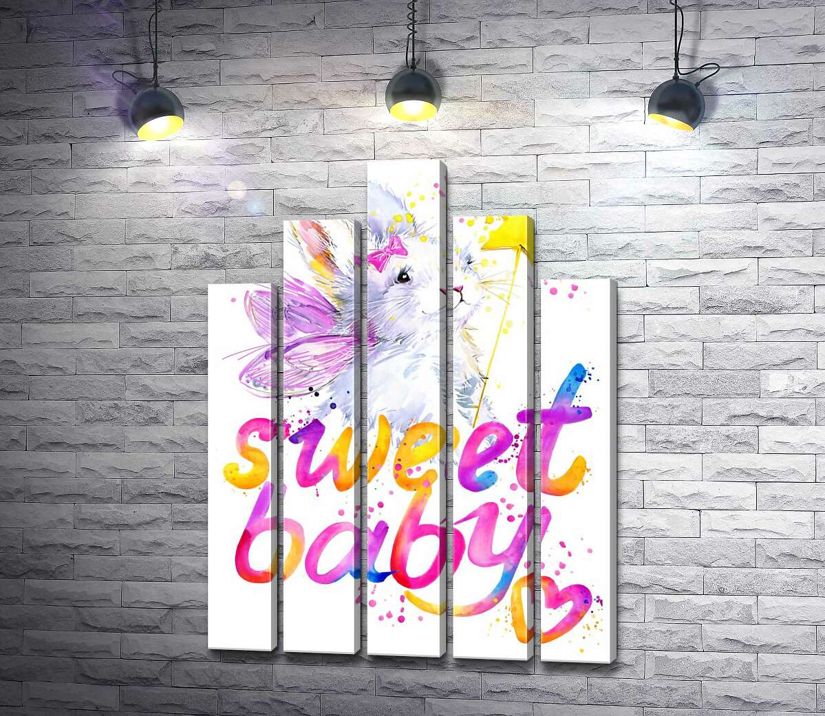 модульна картина Чарівний заєць з рожевими крилами над написом "sweet baby" (Модуль №29)