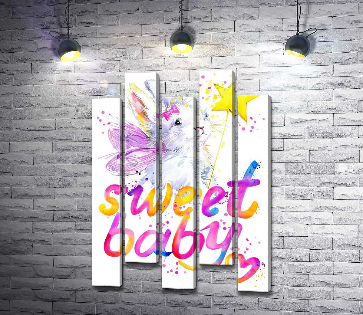 модульна картина Чарівний заєць з рожевими крилами над написом "sweet baby" (Модуль №30)
