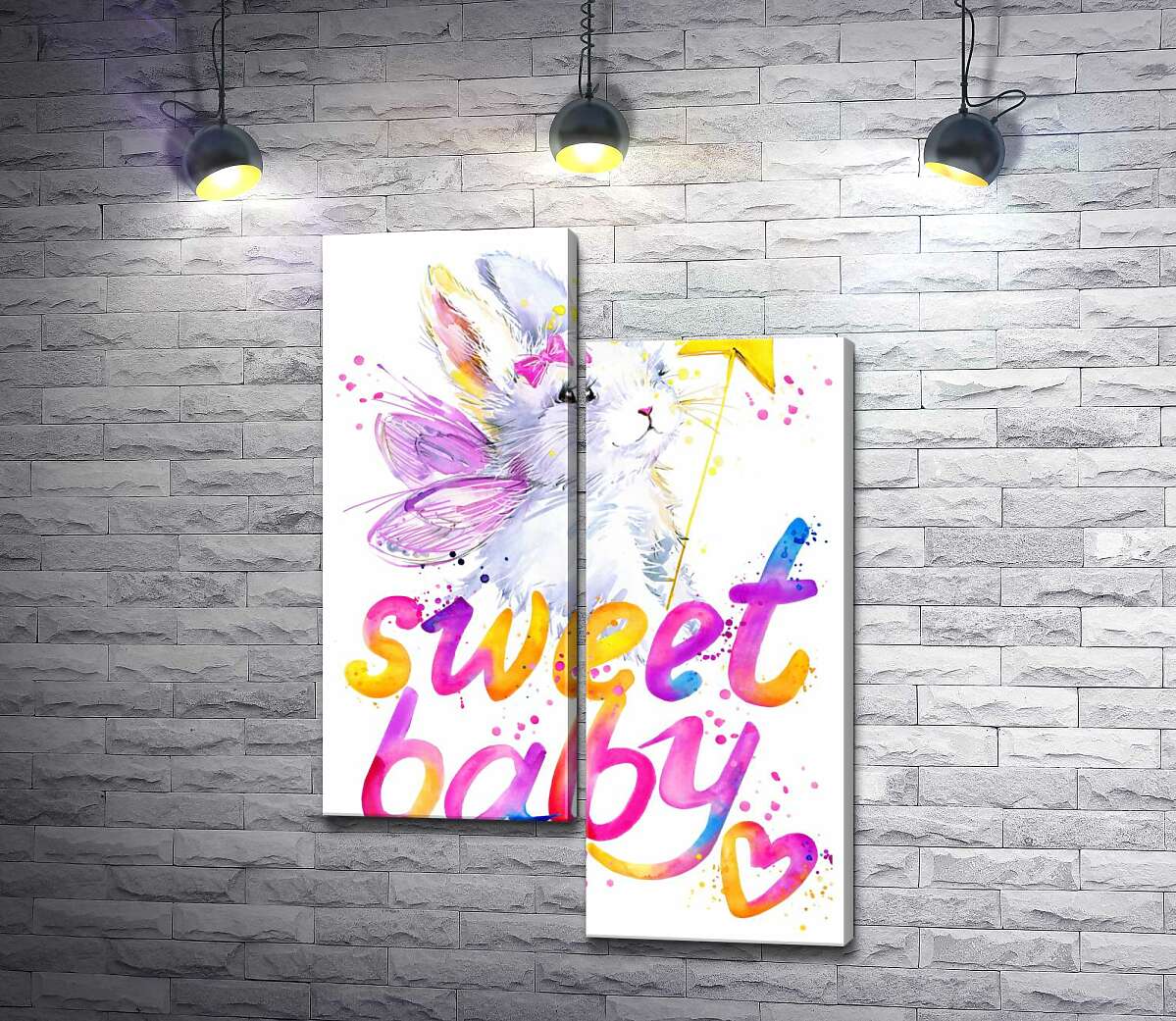 модульна картина Чарівний заєць з рожевими крилами над написом "sweet baby" (Модуль №9)