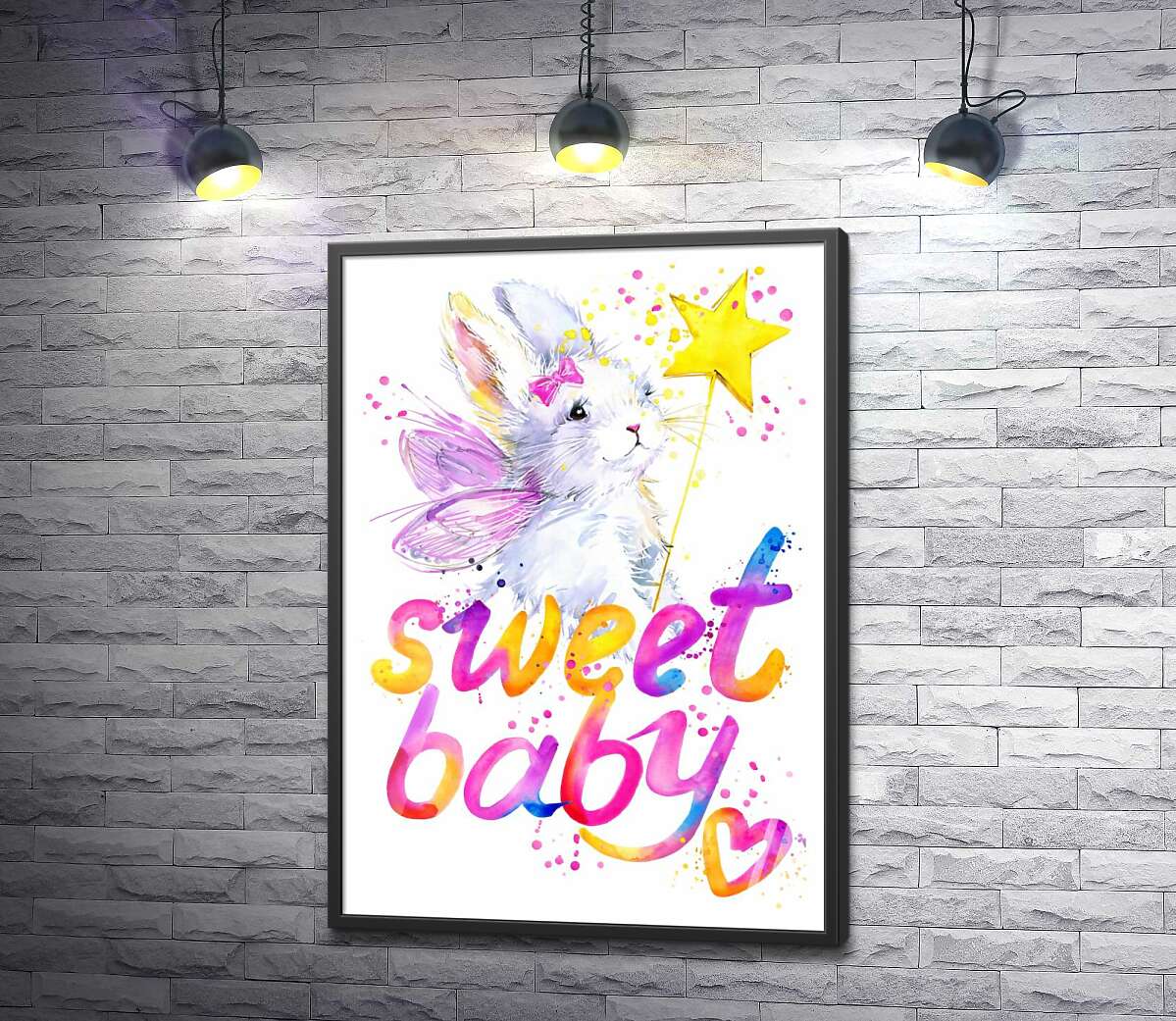 постер Очаровательный заяц с розовыми крыльями над надписью "sweet baby"