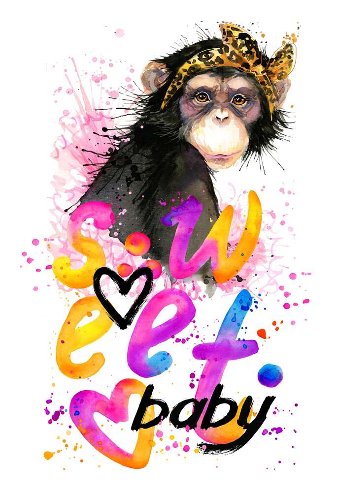 картина-постер Модная обезьяна сидит над надписью "sweet baby"