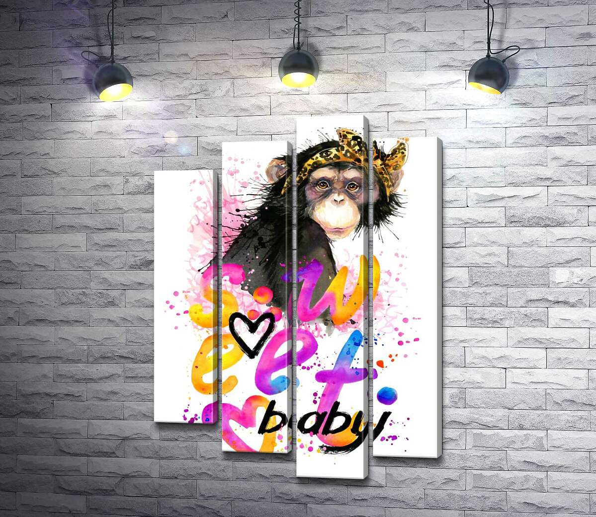 модульна картина Модна мавпа сидить над написом "sweet baby" (Модуль №3)