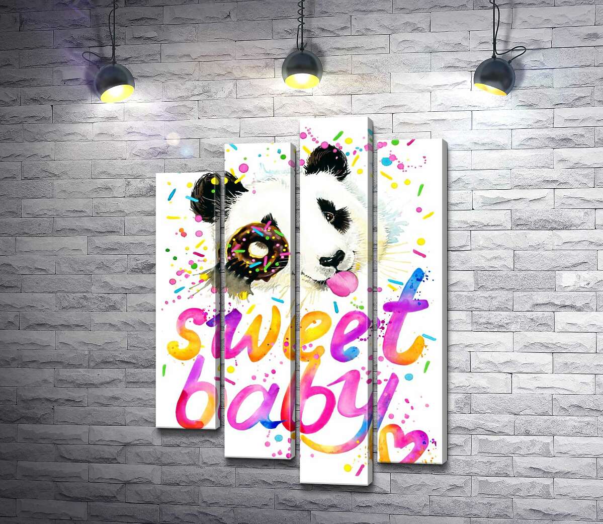 модульная картина Веселая панда с донатсом и надписью "sweet baby" (Модуль №3)
