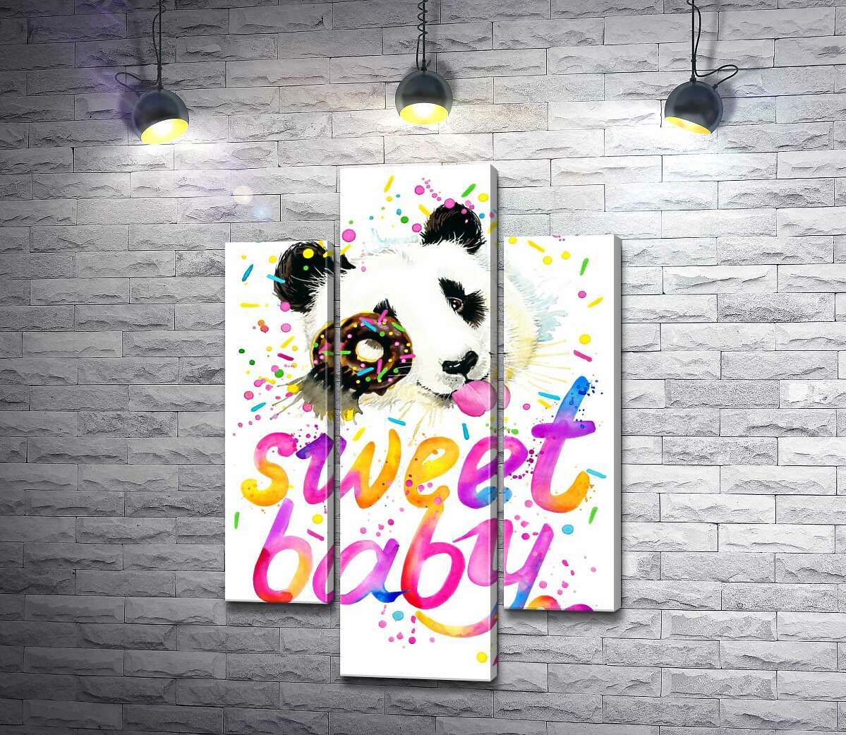 модульная картина Веселая панда с донатсом и надписью "sweet baby" (Модуль №10)