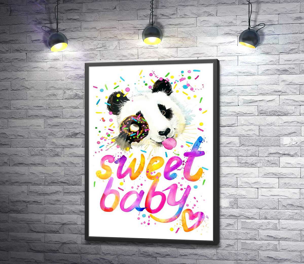 постер Веселая панда с донатсом и надписью "sweet baby"