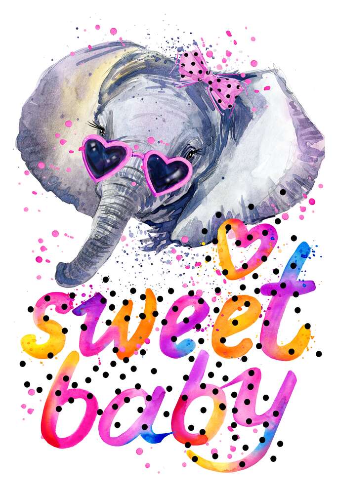 картина-постер Серый слон в розовых очках над надписью "sweet baby"