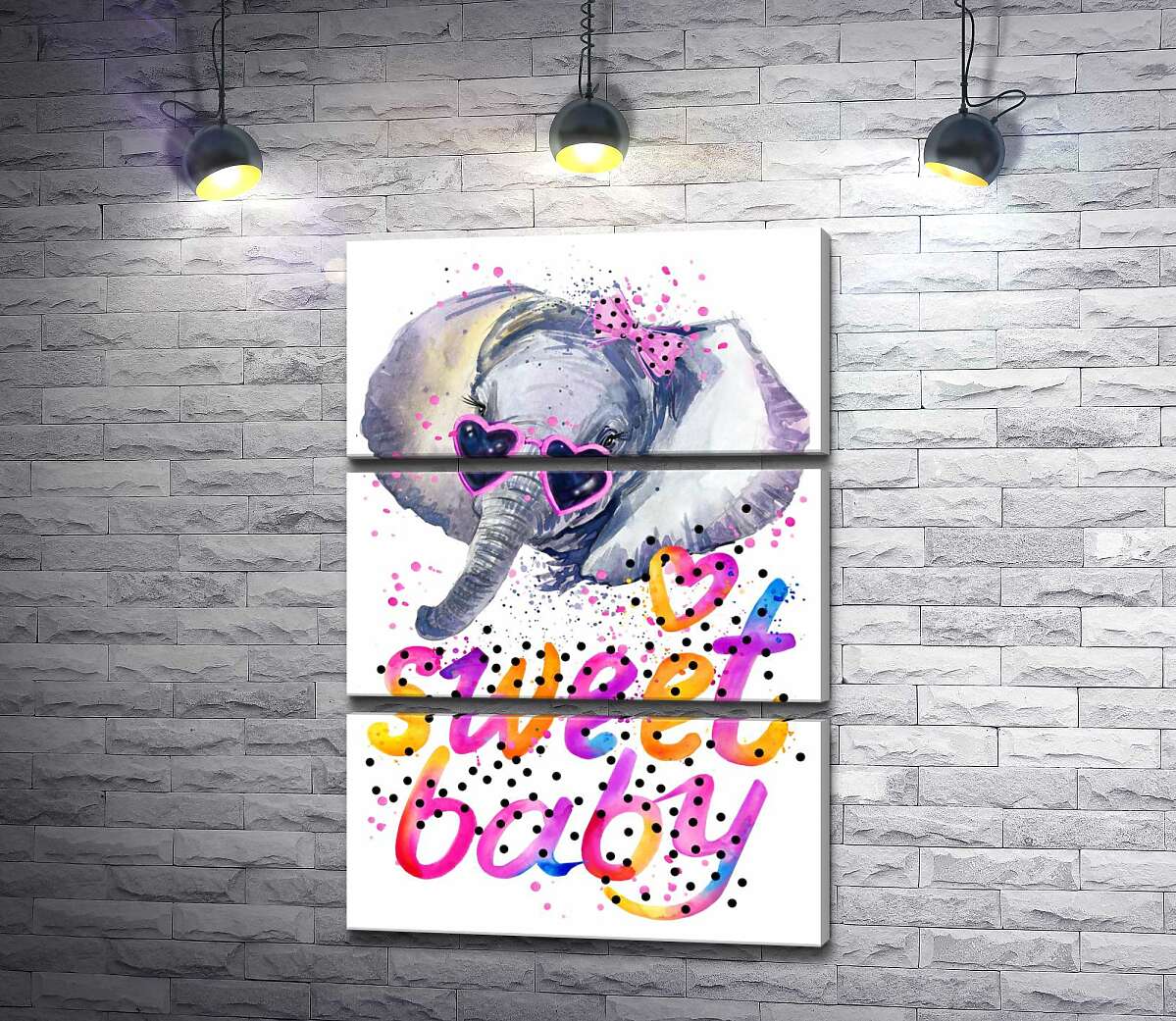 модульна картина Сірий слон в рожевих окулярах над написом "sweet baby" (Модуль №15)