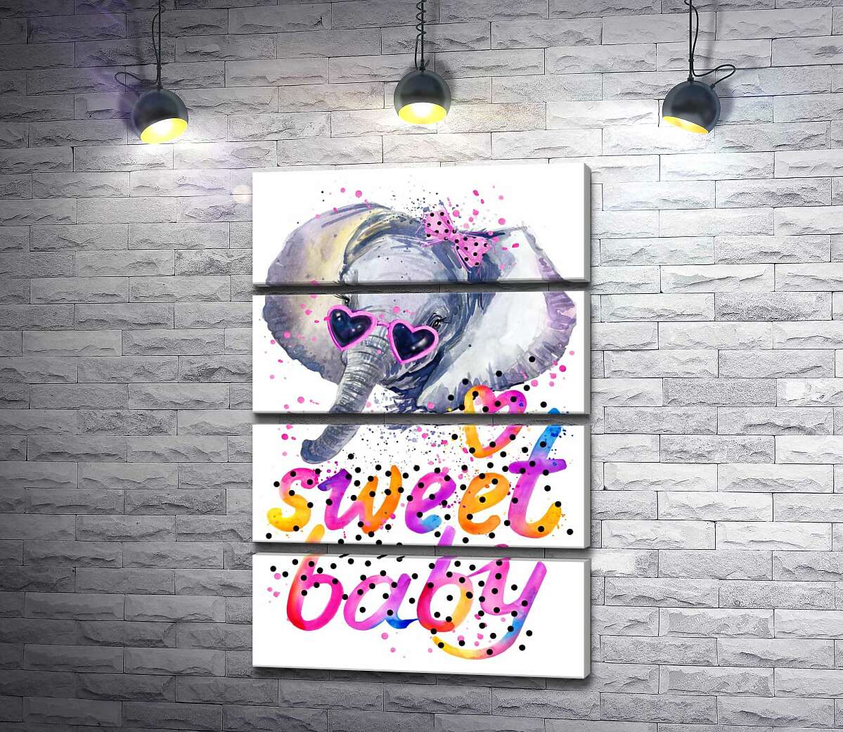 модульна картина Сірий слон в рожевих окулярах над написом "sweet baby" (Модуль №22)