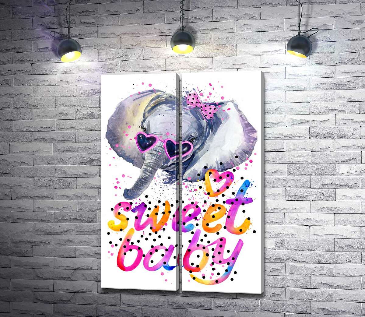 модульна картина Сірий слон в рожевих окулярах над написом "sweet baby"