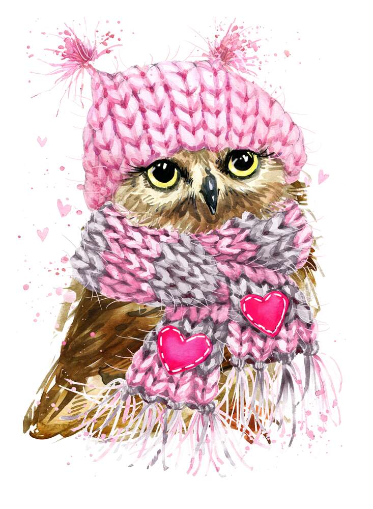 картина-постер Сова закуталась у теплі рожеві шарф та шапку