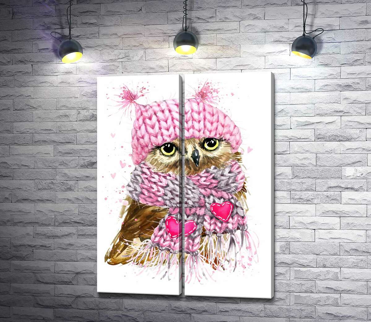 модульная картина Сова укуталась в теплые розовые шарф и шапку