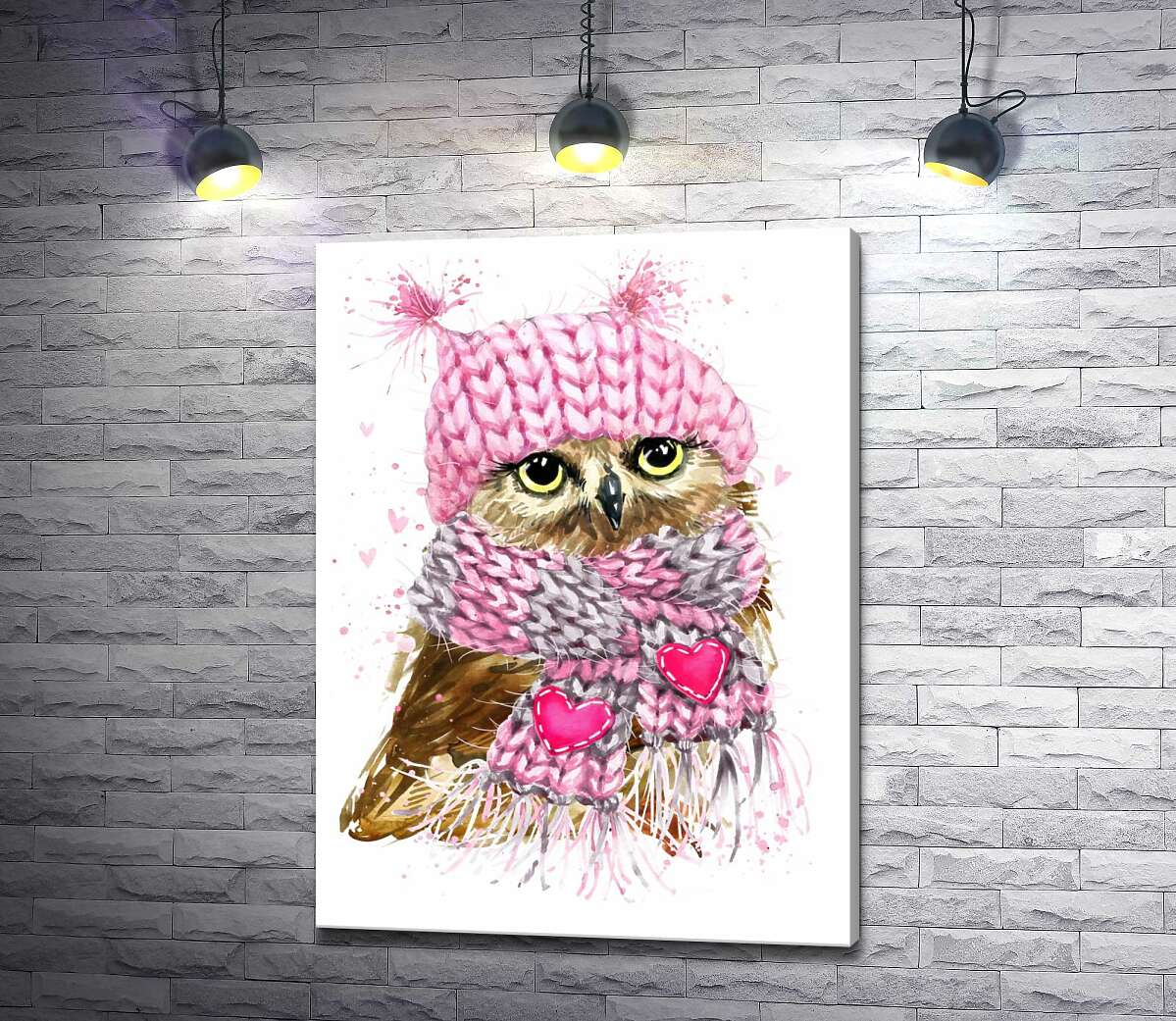 картина Сова закуталась у теплі рожеві шарф та шапку