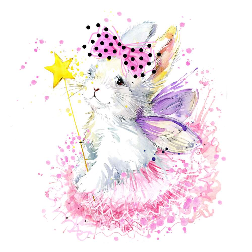 картина-постер Білий зайчик-фея з фіолетовими крильцями та чарівною паличкою