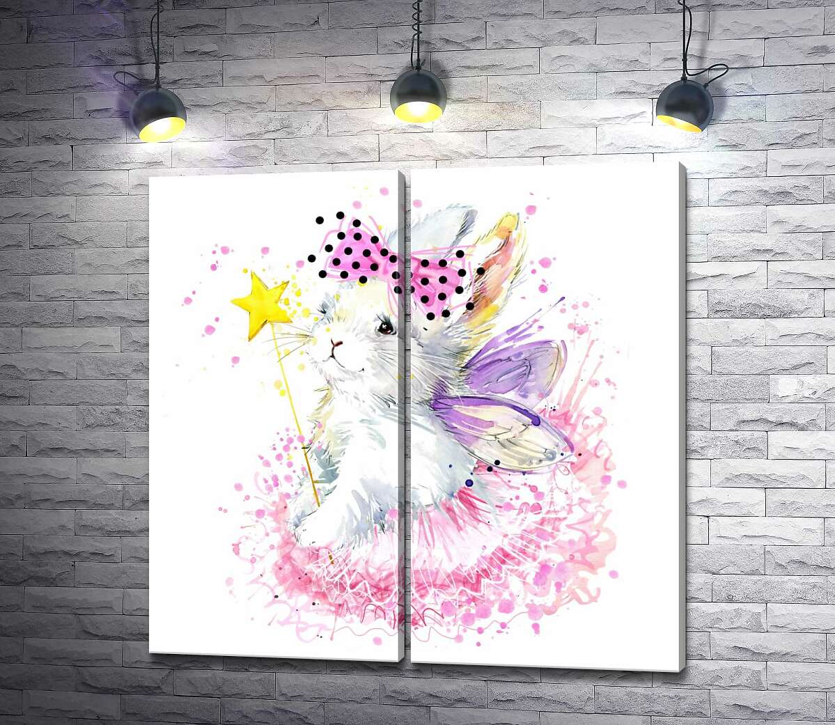 модульная картина Белый зайчик-фея с фиолетовыми крылышками и волшебной палочкой