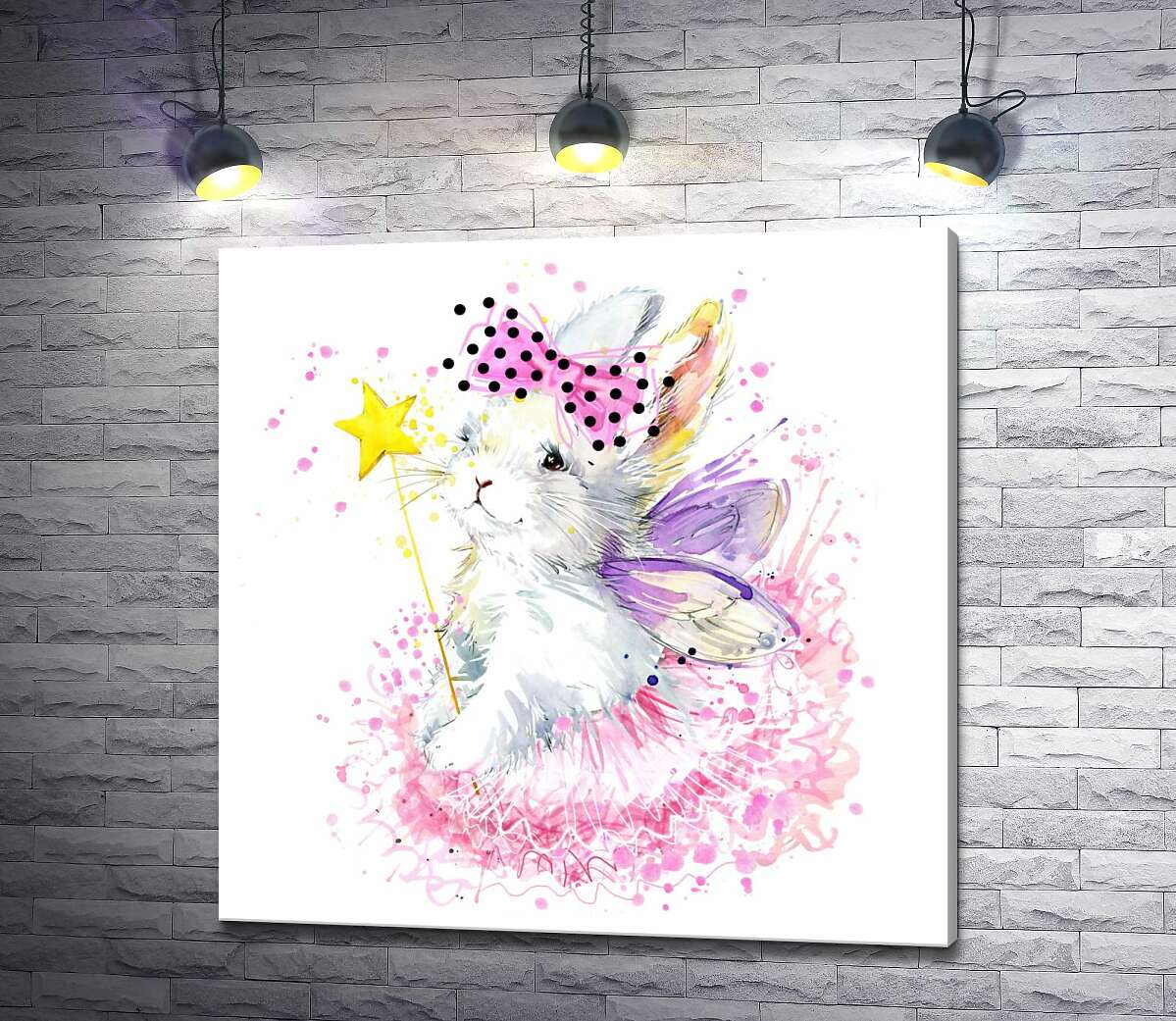 картина Белый зайчик-фея с фиолетовыми крылышками и волшебной палочкой