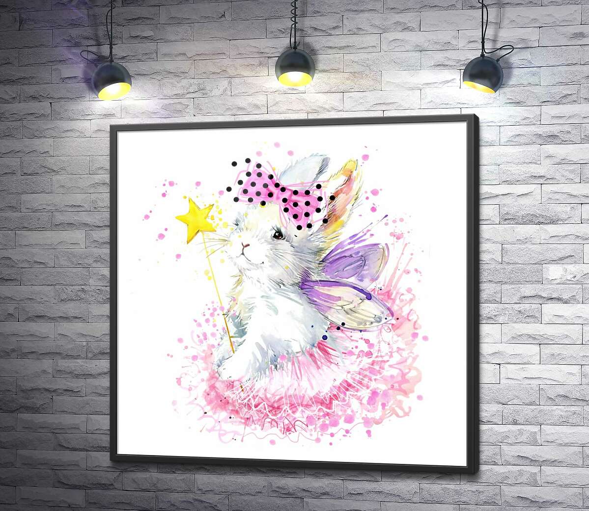 постер Белый зайчик-фея с фиолетовыми крылышками и волшебной палочкой