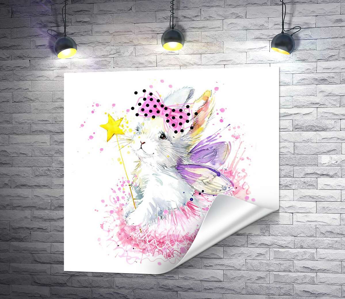 печать Белый зайчик-фея с фиолетовыми крылышками и волшебной палочкой