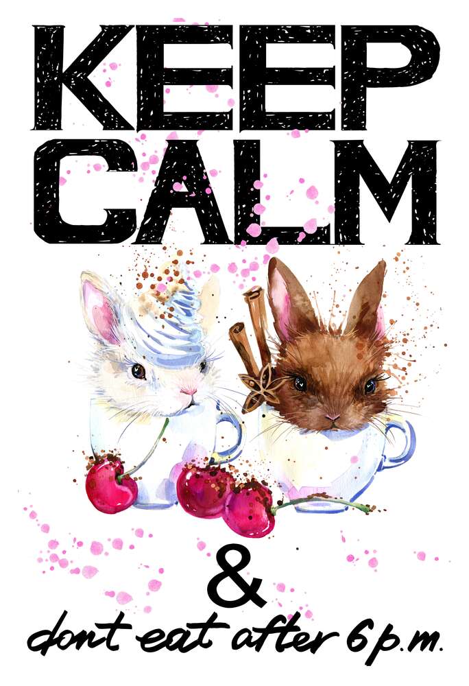 картина-постер Зайцы в чашках с кофе между надписью "keep calm and don't eat after 6 p.m."