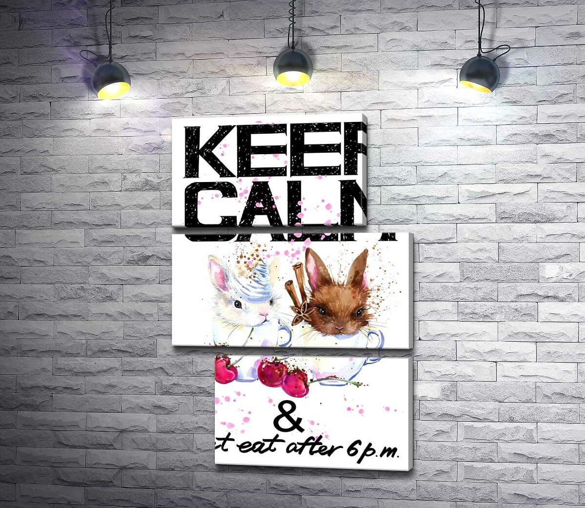 модульная картина Зайцы в чашках с кофе между надписью "keep calm and don't eat after 6 p.m." (Модуль №16)