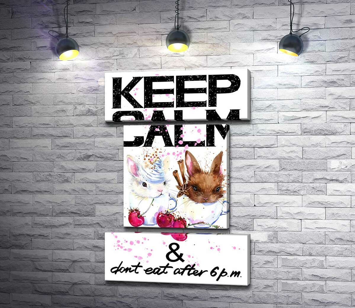 модульна картина Зайці у чашках з кавою між написом "keep calm and don't eat after 6 p.m." (Модуль №18)