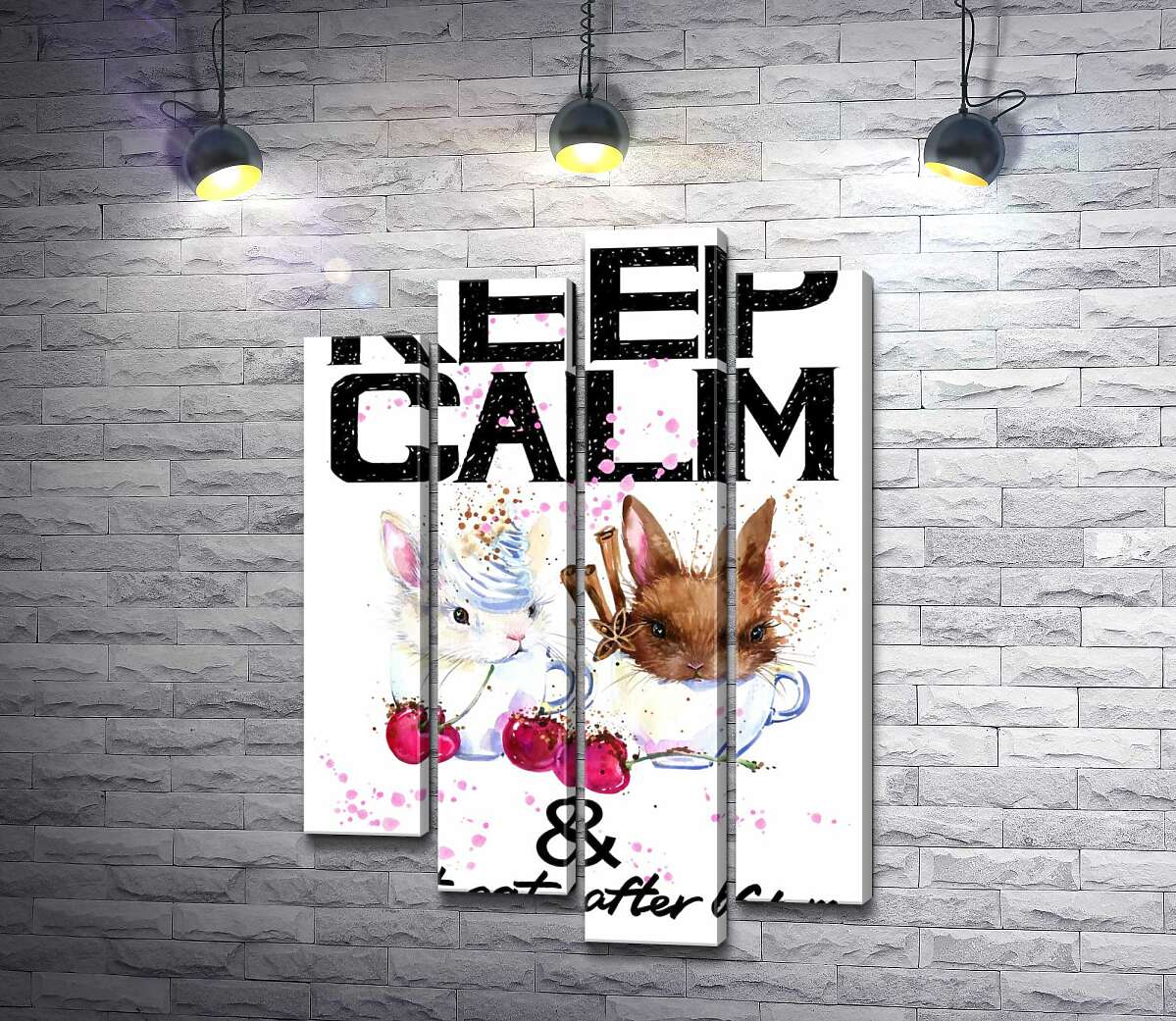 модульная картина Зайцы в чашках с кофе между надписью "keep calm and don't eat after 6 p.m." (Модуль №3)