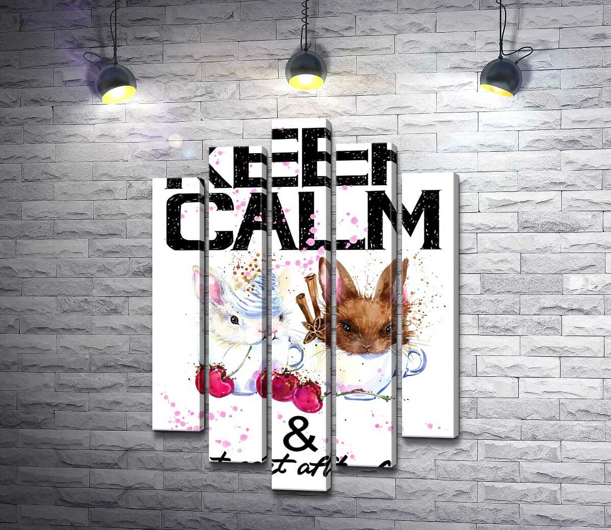 модульная картина Зайцы в чашках с кофе между надписью "keep calm and don't eat after 6 p.m." (Модуль №4)