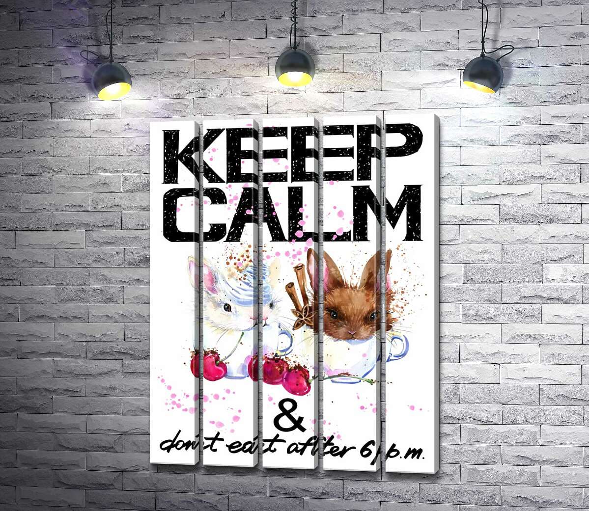 модульная картина Зайцы в чашках с кофе между надписью "keep calm and don't eat after 6 p.m." (Модуль №26)