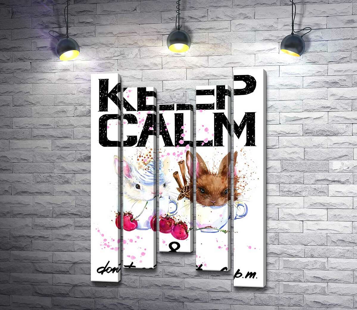 модульная картина Зайцы в чашках с кофе между надписью "keep calm and don't eat after 6 p.m." (Модуль №27)