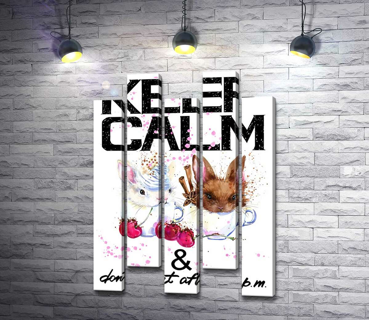 модульна картина Зайці у чашках з кавою між написом "keep calm and don't eat after 6 p.m." (Модуль №30)