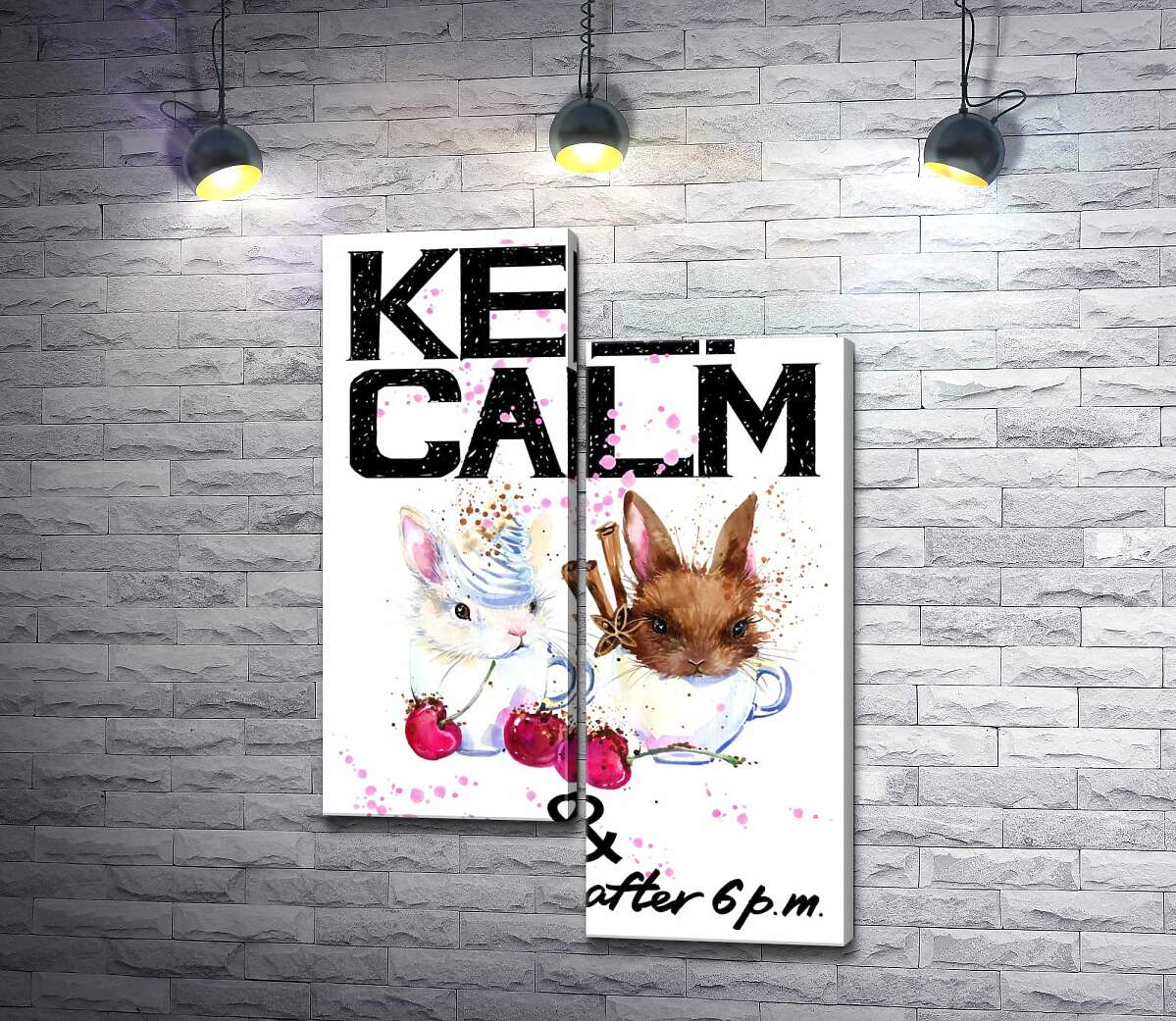 модульная картина Зайцы в чашках с кофе между надписью "keep calm and don't eat after 6 p.m." (Модуль №9)