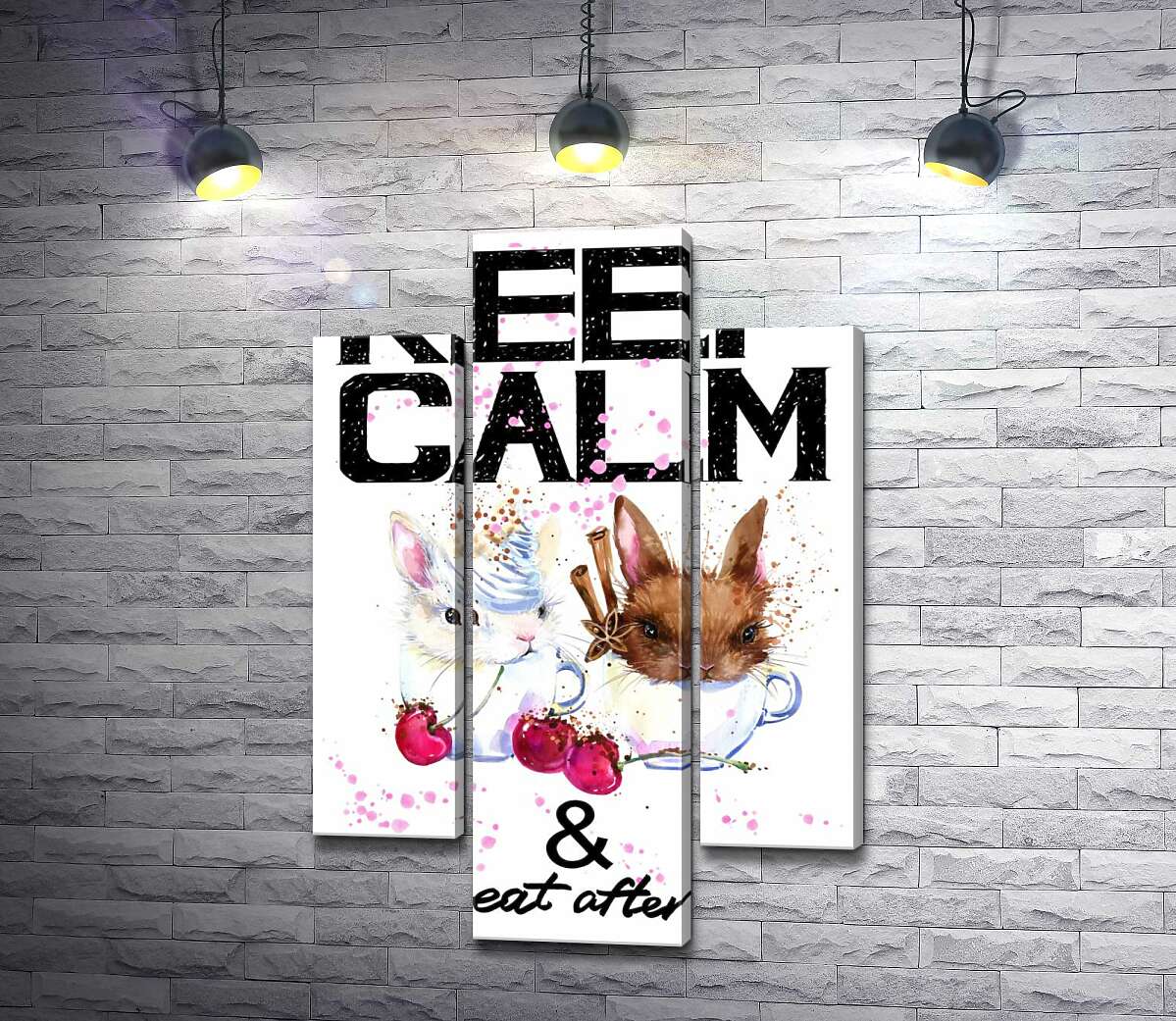 модульная картина Зайцы в чашках с кофе между надписью "keep calm and don't eat after 6 p.m." (Модуль №10)