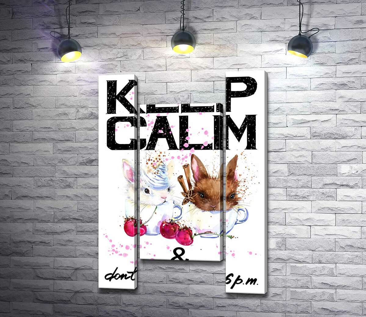 модульна картина Зайці у чашках з кавою між написом "keep calm and don't eat after 6 p.m." (Модуль №11)