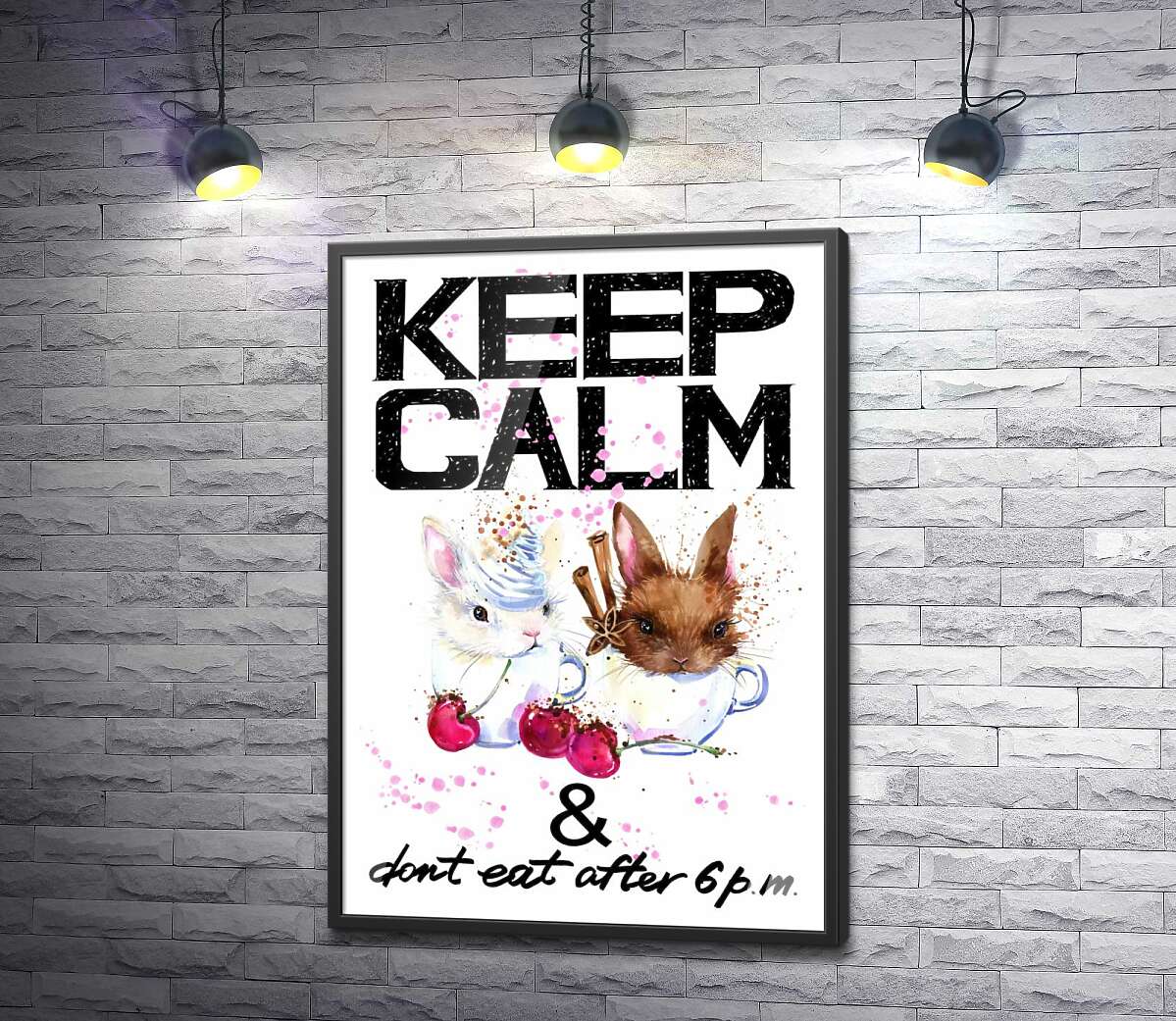 постер Зайцы в чашках с кофе между надписью "keep calm and don't eat after 6 p.m."