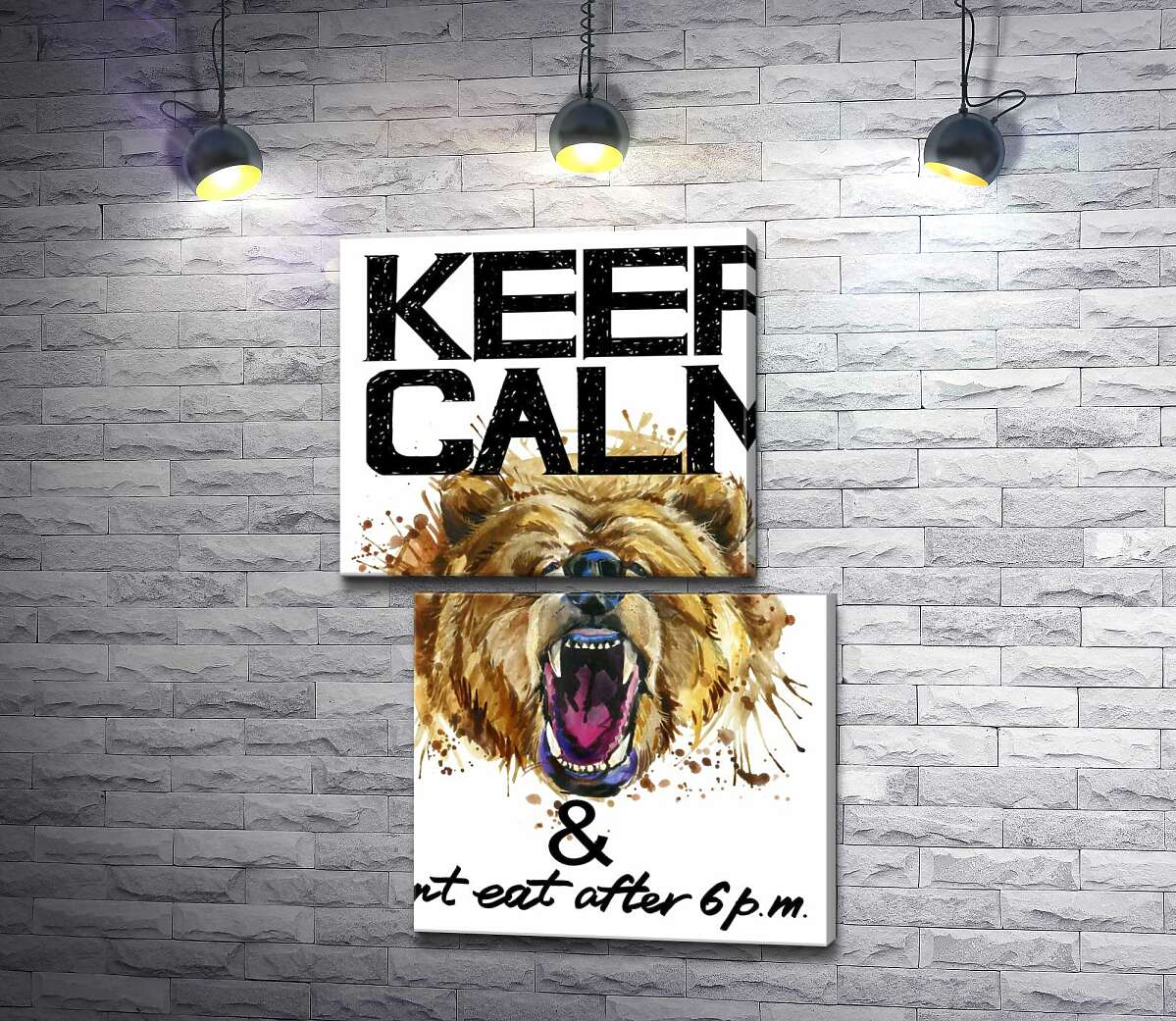 модульна картина Бурий ведмідь гарчить біля напису "keep calm and don't eat after 6 p.m." (Модуль №8)