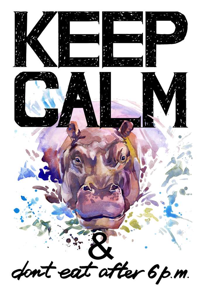 картина-постер Бегемот выглядывает из воды между надписью "keep calm and don't eat after 6 p.m."