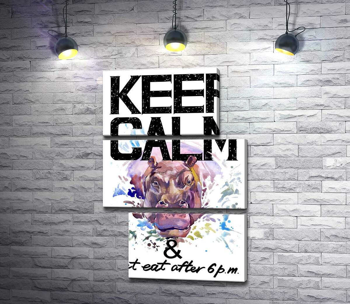 модульная картина Бегемот выглядывает из воды между надписью "keep calm and don't eat after 6 p.m." (Модуль №16)