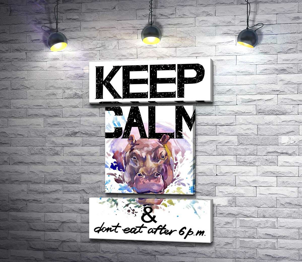 модульна картина Бегемот виглядає з води між написом "keep calm and don't eat after 6 p.m." (Модуль №18)