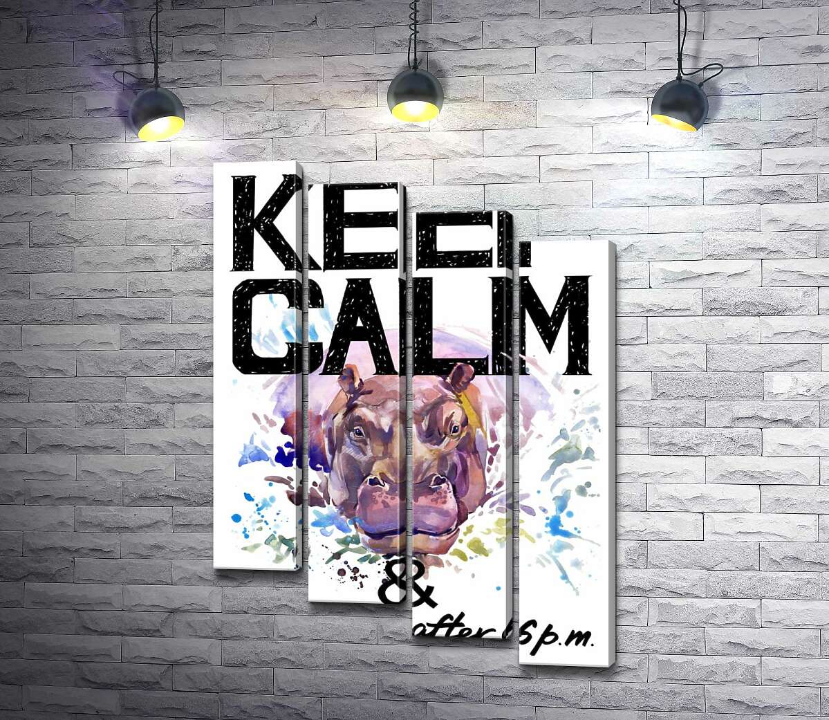 модульная картина Бегемот выглядывает из воды между надписью "keep calm and don't eat after 6 p.m." (Модуль №19)