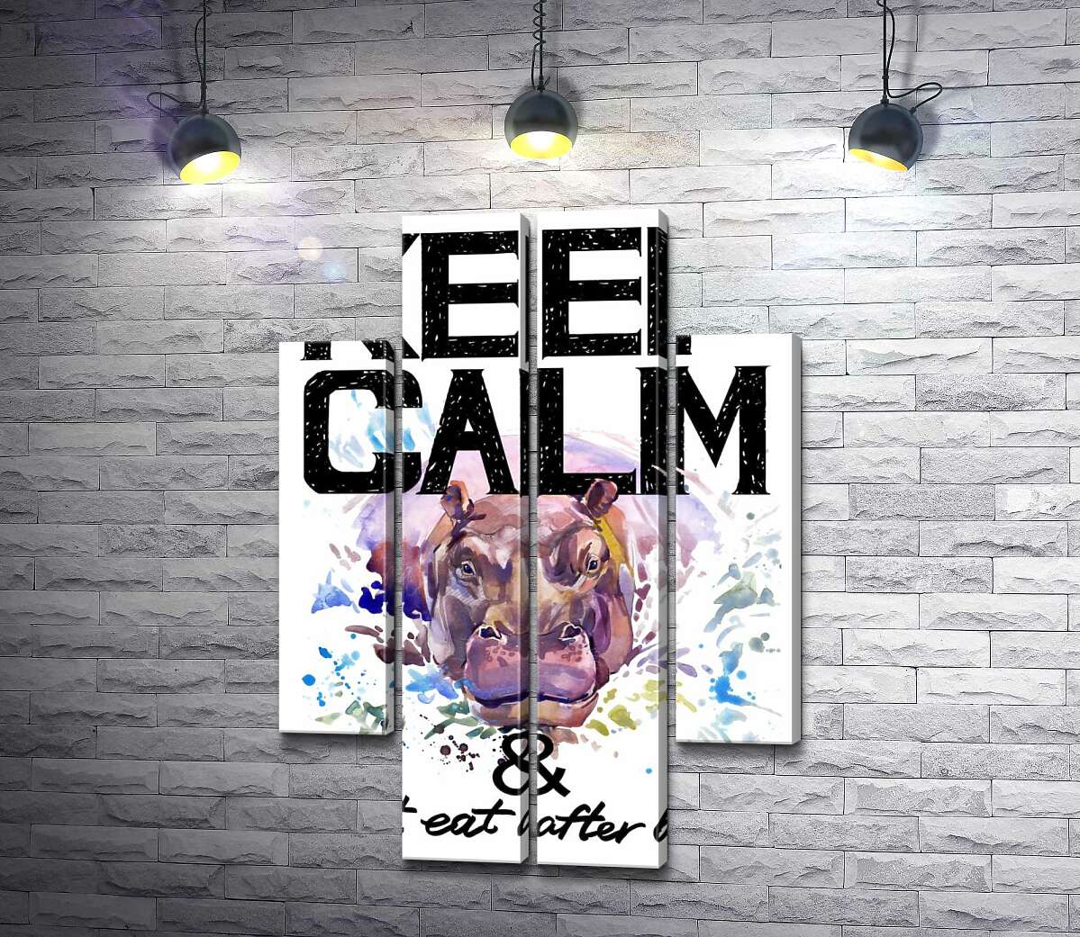 модульная картина Бегемот выглядывает из воды между надписью "keep calm and don't eat after 6 p.m." (Модуль №20)