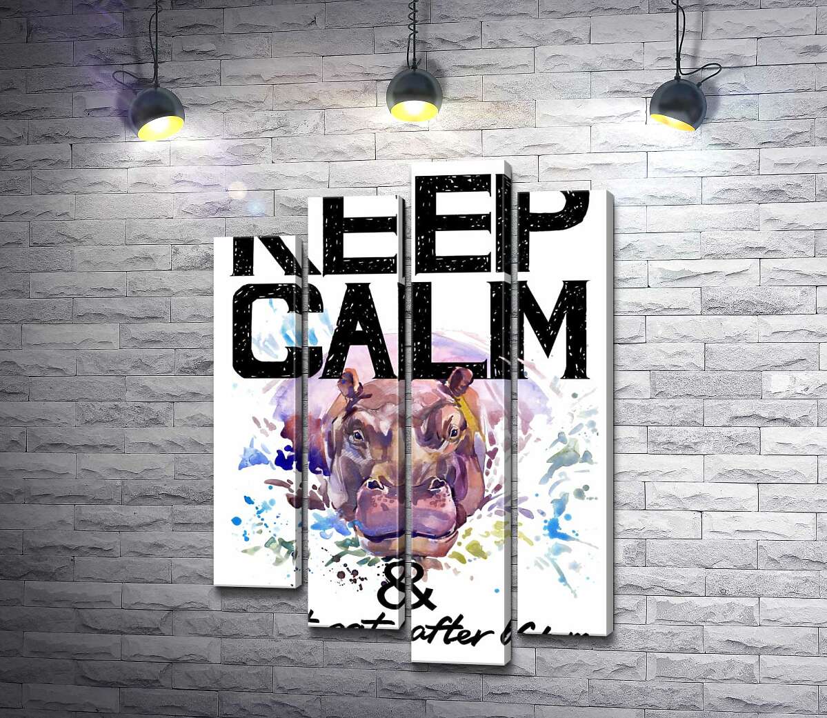 модульна картина Бегемот виглядає з води між написом "keep calm and don't eat after 6 p.m." (Модуль №3)