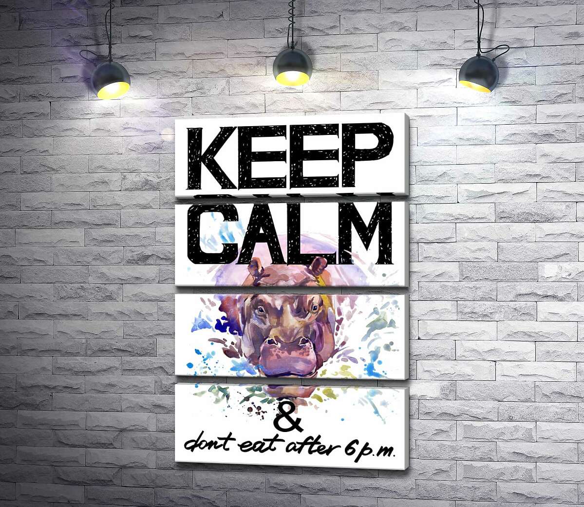 модульная картина Бегемот выглядывает из воды между надписью "keep calm and don't eat after 6 p.m." (Модуль №22)