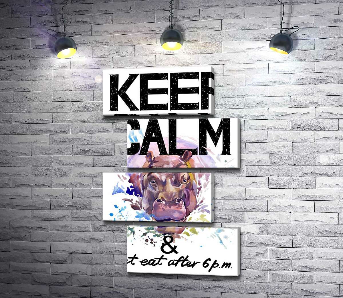 модульна картина Бегемот виглядає з води між написом "keep calm and don't eat after 6 p.m." (Модуль №23)