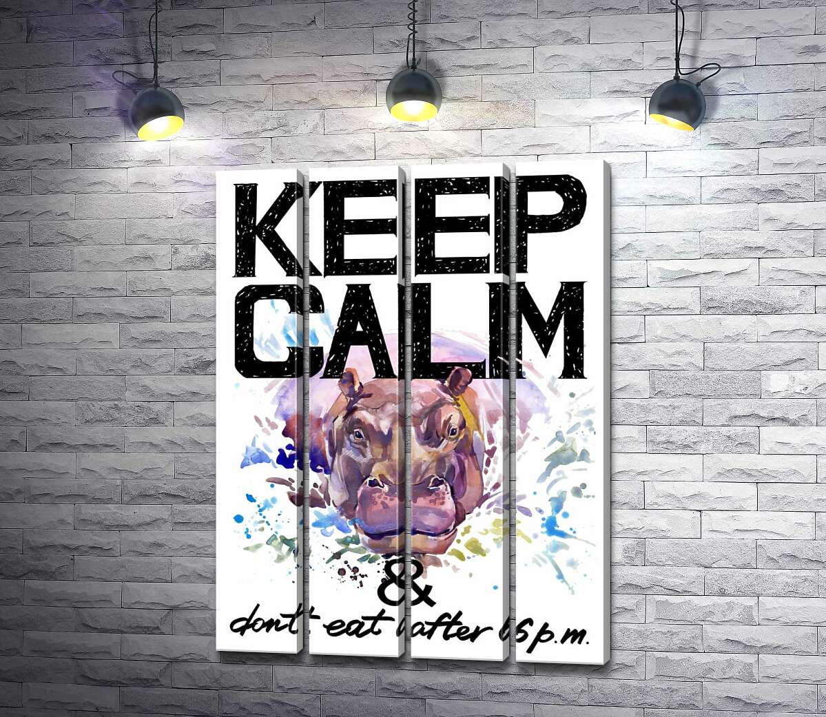 модульна картина Бегемот виглядає з води між написом "keep calm and don't eat after 6 p.m." (Модуль №24)