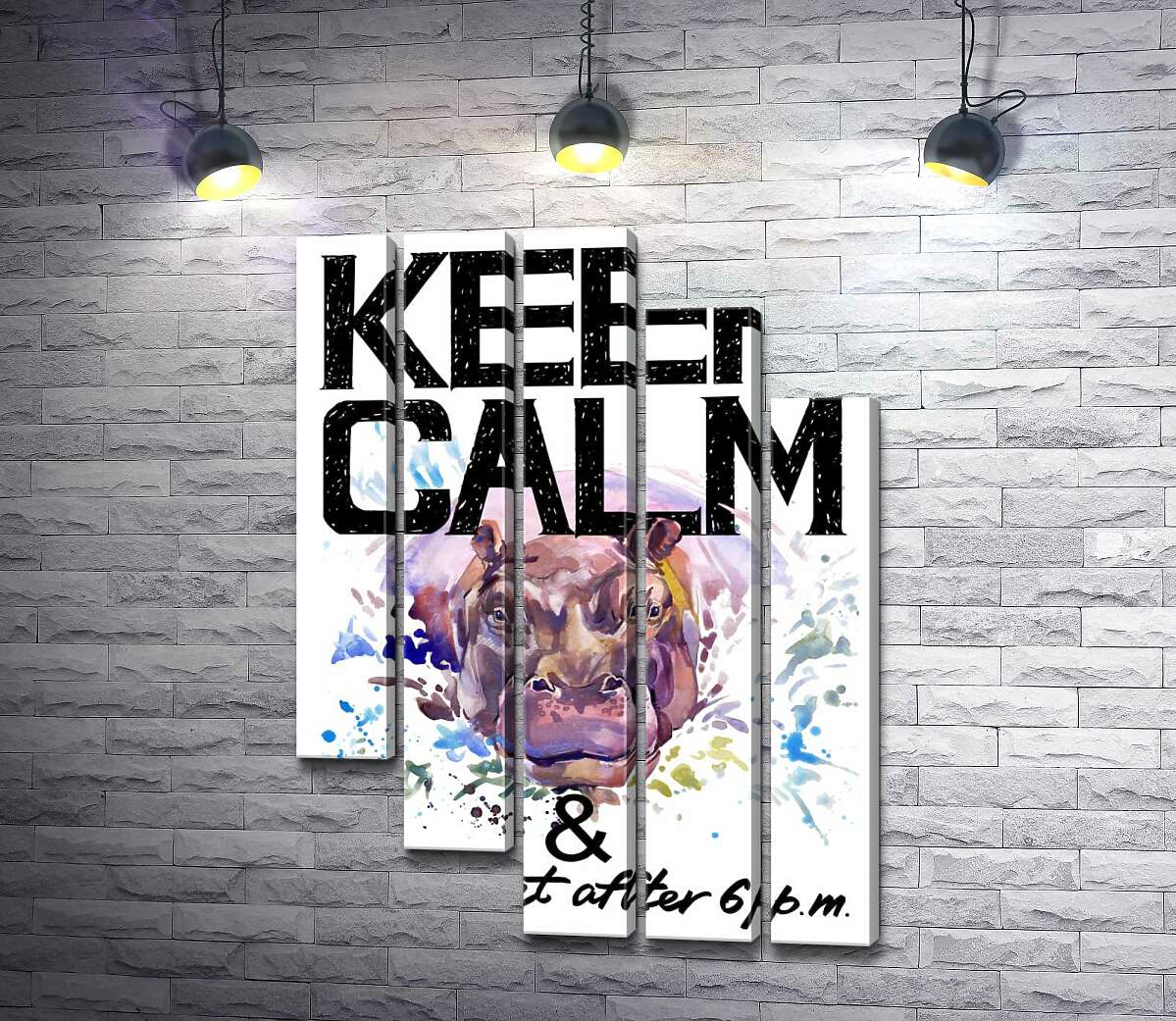модульная картина Бегемот выглядывает из воды между надписью "keep calm and don't eat after 6 p.m." (Модуль №28)